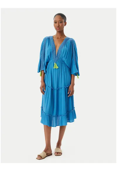 Rochie midi de plaja cu maneci 3/4 - Albastru
