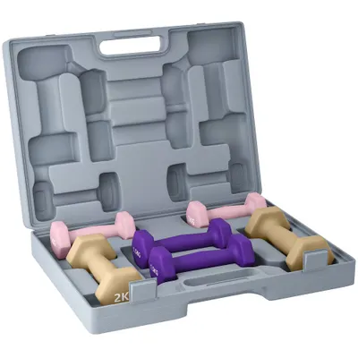 SPORTNOW Set Ganteră Fitness 2x1/1.5/2kg cu Geantă, Ganteră de 9 kg Total cu Mâner Antiderapant, Antrenament Fitness Acasă, Roz, Violet, Maro | Aosom Romania