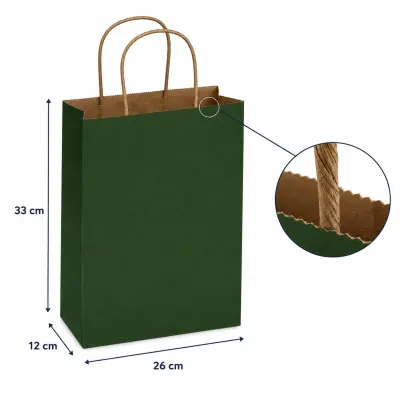 Sacoșe hârtie cu mâner răsucit - verde închis (set 12 buc) - Medie - 26x33x12cm