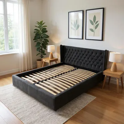 Pat Chesterfield tapitat cu catifea, cu somiera fixa 140x200