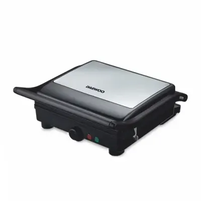 Grill electric Daewoo DG2000X, 2000W, capac si maner din inox, indicatori luminosi, buton pornire/oprire, termostat reglabil, deschidere placi la 180° (Inox)