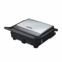 Grill electric Daewoo DG2000X, 2000W, capac si maner din inox, indicatori luminosi, buton pornire/oprire, termostat reglabil, deschidere placi la 180° (Inox)