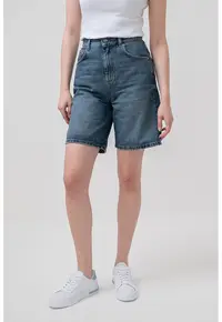 Pantaloni scurti de denim cu talie inalta - Albastru inchis
