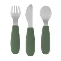 Petite&Mars Take&Match Stainless Steel Cutlery Set tacâmuri pentru copii Misty Green 12m+ 3 buc