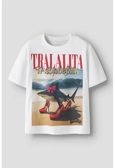Tricou cu imprimeu Tralalita - Albastru prafuit/Alb optic/Rosu vermillion