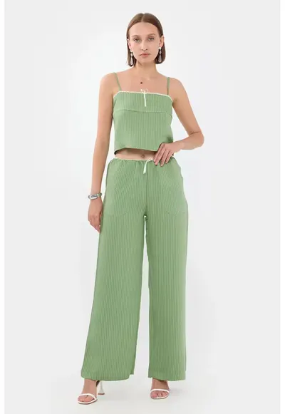 pantaloni de dungi - talie inalta - verde - poliester