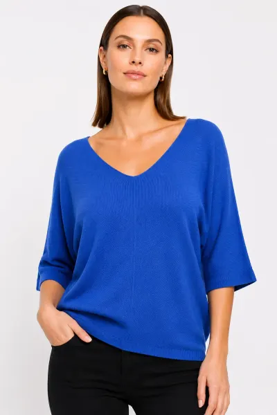 Bluza fin tricotata bob de orez, cu maneca fluture 3 4, albastra