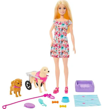 Set joc Barbie - Barbie cu cățeluși și un câine în scaun cu roțile