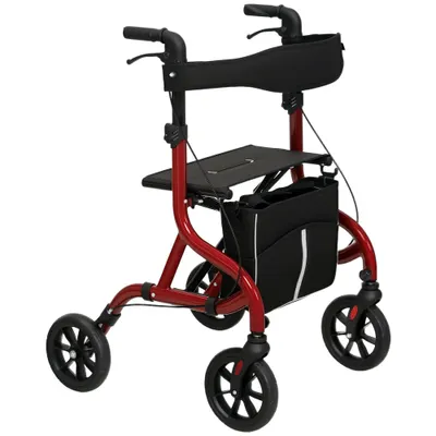 HOMCOM Deambulator cu Scaun și Spătar pentru Vârstnici Pliabil, Reglabil pe Înălțime, Suport pentru Baston, Roșu | Aosom Romania