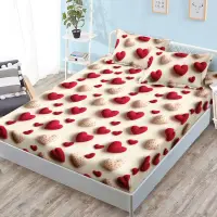 Cearsaf cu Elastic, Bumbac Satinat, 160x200 cm + 2 Fete de Perna 50x70 cm, Bej, inimioare