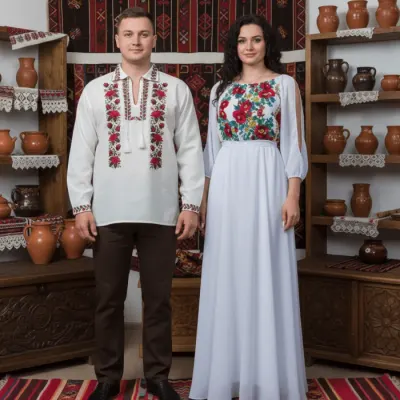 Set Cuplu 619 Camasa Traditionala si Rochie Stilizata cu motive traditionale