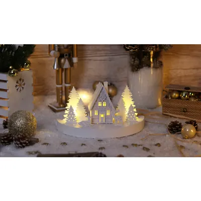 Casa de Craciun cu LED, culoare alba,din lemn, cu baterii Timer 6+18h,6LED, 3000K, 3xAA