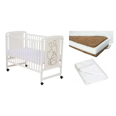 Set Patut din lemn bebe Qmini, Timmi Heart, 120x60 cm, Alb + Saltea patut bebe, Cocos Confort II, Cu husa detasabila, Antialergica, 120x60x10 cm + Protectie impermeabila, Pentru patuturi 120x60 cm, Alb