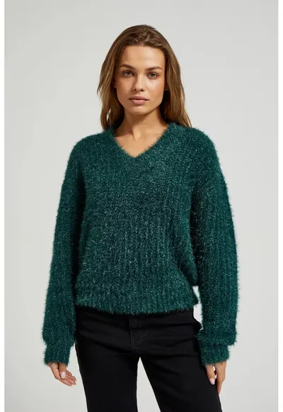 Pulover pufo cu fir metalic verde - Verde