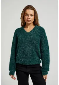 Pulover pufo cu fir metalic verde - Verde
