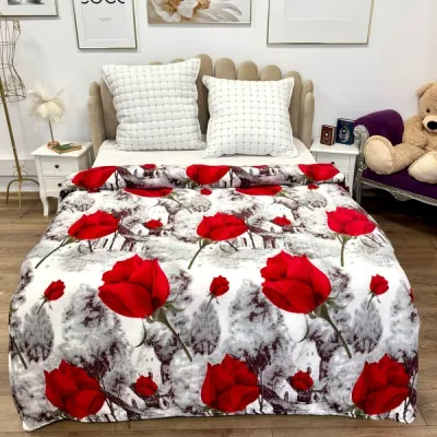 Patura pufoasa cocolino 200x230cm, 240g/mp, Alb, Gri, trandafiri