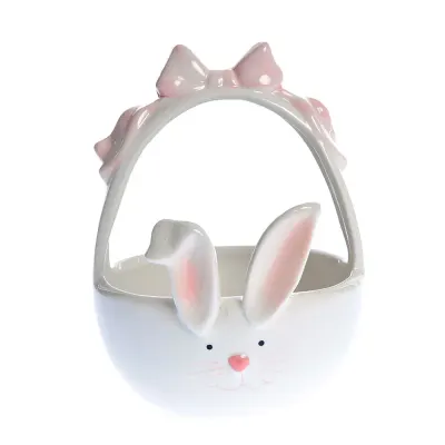 Cos decorativ din ceramica cu iepuras si fundita 12 cm