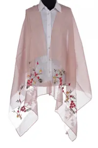 Esarfa din matase roz, cu broderie flori pe fond transparent de organza