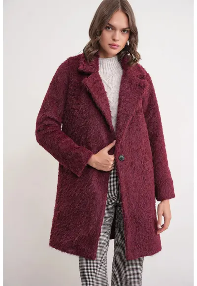 Palton lung texturat - guler de jacheta - rosu burgund - textil