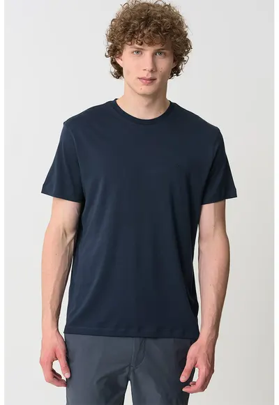 Tricou regular fit cu decolteu la baza gatului - Bleumarin