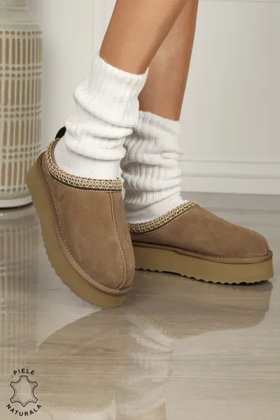 Papuci Dama Tip Ug din Piele Naturala Intoarsa Crl1268 Culoare: Khaki