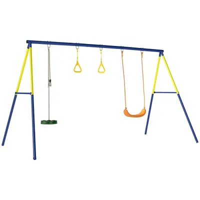 AIYAPLAY Set Leagăn de Grădină 3 în 1 pentru Copii cu Leagăn în Picioare, Inele Gimnastice, Cadru A din Oțel, Leagăne Duble pentru Copii, Capacitate 150kg, Exterior, 3-8 Ani, 285x160x181 cm | Aosom Romania