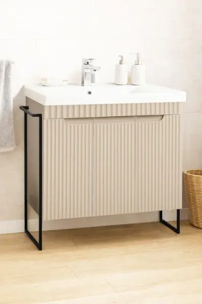 Set Baza front MDF si Lavoar seria 733, cadru metalic, montata, 80 cm, crem