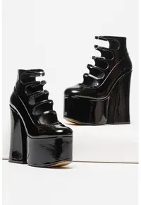 Pantofi de piele lacuita cu barete multiple - Negru