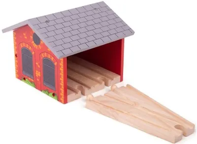Set tren din lemn Bigjigs cu șine - baldachin dublu cu acoperiș retractabil