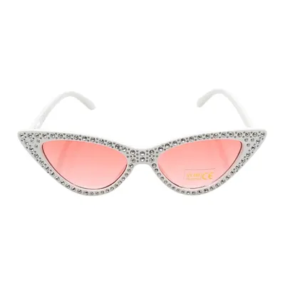 Ochelari de soare, damă, Tiara, albi cu cristale, ramă cat-eye, lentile roz, protecție UV 400