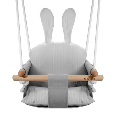 Leagan pentru copii cu structura din lemn si husa din bumbac Tulano Hop 33 Grey Rabbit cu centura de siguranta,spatar,sezut moale, utilizare interiorexterior, greutate admisa 60 kg