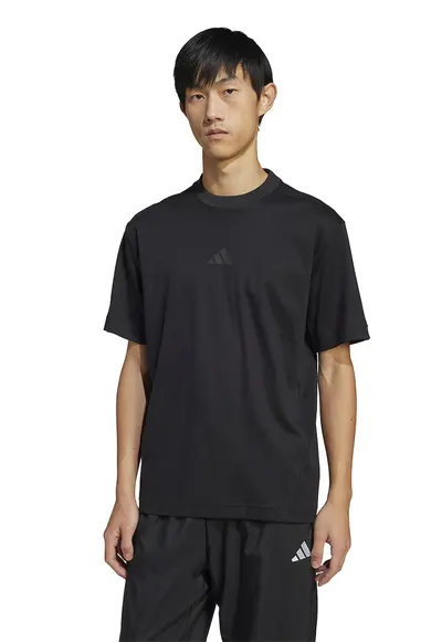 Tricou cu decolteu la baza gatului si detaliu cu model monograma - Negru