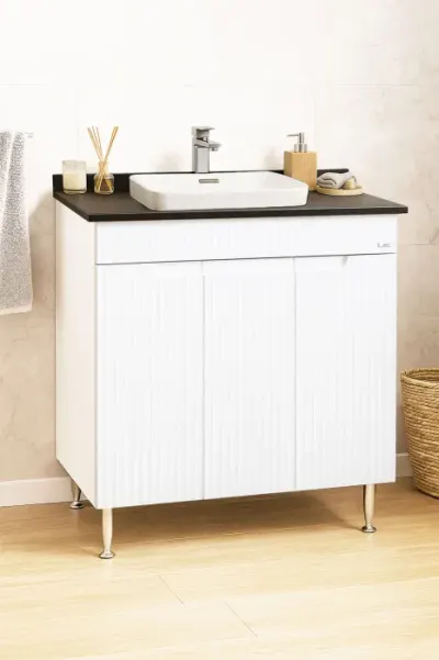 Set Baza front MDF si Lavoar seria 633, montat, 80 cm, alb rustic