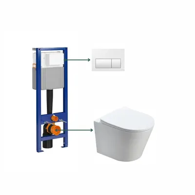 Set vas wc suspendat rimless cu capac quick release si soft close, alb, Fluminia Clementina si rezervor incastrat cu clapeta de actionare alb, Cersanit Presto II