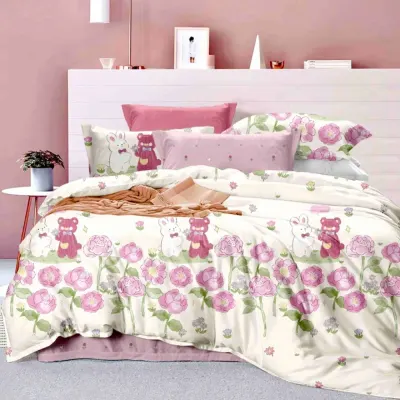 Lenjerie pat 1 PERSOANA, FINET, 4 piese, Jojo Home, Crem, Roz, Flori