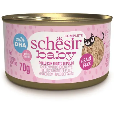 Hrana umeda pentru pisici Schesir Baby Conserva, Supă cu Pui şi Ficat 70 gr