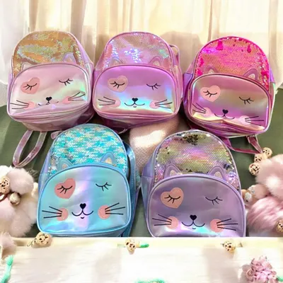 Ghiozdan fetițe cu paiete reversibile și față pisicuță 3D – 27x23x9 cm – H685