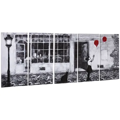 HOMCOM Ansamblu Artistic pe Pânză, 5 Tablouri Decorative cu Fată și Balon Roșu, Alb-Negru, Design Modern pentru Dormitor și Sufragerie, Cadou Ideal | Aosom Romania