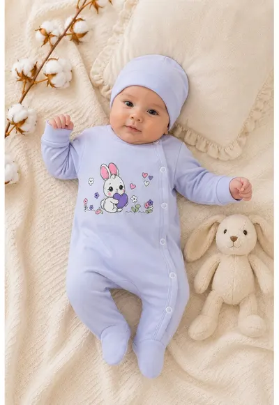 Salopeta bebe lila din bumbac cu caciulita si imprimeu iepuras pentru fetite