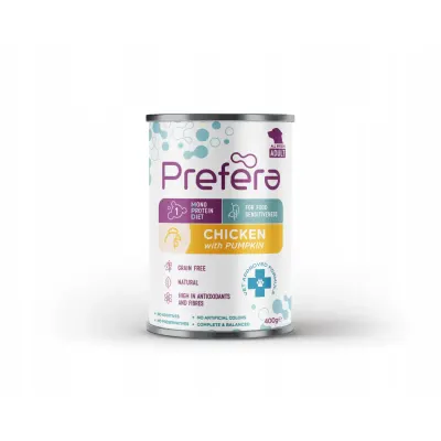 PREFERA MPD, XS-XL, Pui și dovleac, dietă veterinară, conservă hrană umedă monoproteică fără cereale câini, (în suc propriu), 400g
