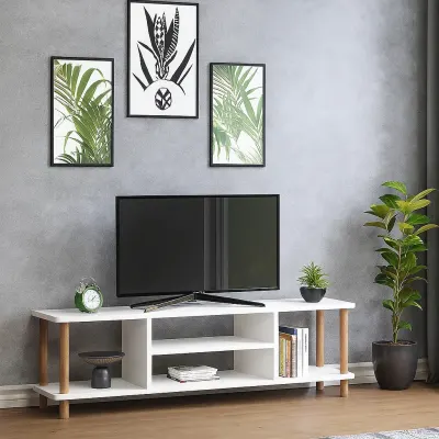 RESIGILAT - Comoda TV cu rafturi, 120 cm, model cu picioare din lemn