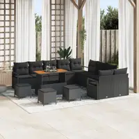 Set canapea gradina 13 piese cu perne, negru, poliratan, acacia, canapea gradina 2 locuri cu spatiu depozitare, neagra, poliratan, set dining gradina 3 piese cu perne, negru, poliratan, acacia