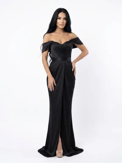 Rochie eleganta din tafta neagra cu falduri in lateral si umar cazut