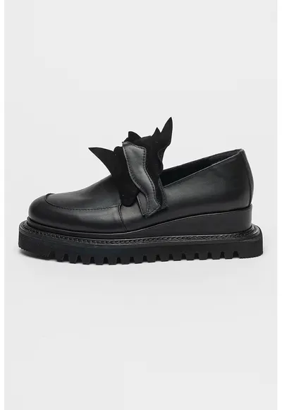 Pantofi loafer din piele cu talpa wedge si detalii din piele intoarsa - Negru