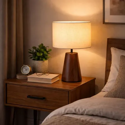 Lampă de masă decorativă cu abajur textil și bază efect lemn, E27, 23x37 cm