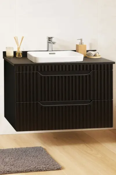 Set Baza front MDF si Lavoar seria 633, suspendata, cu sertare, montat, 80 cm, negru