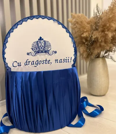 Cufar brodat botez Cu dragoste, nasii - albastru