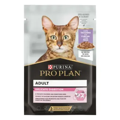 PURINA Pro Plan Delicate Digestion, Pește, plic hrană umedă pisici, sistem digestiv, (în sos), 85g