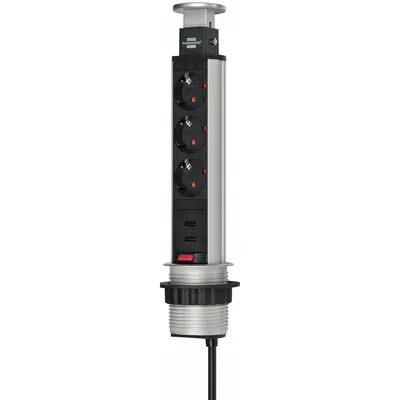 Prelungitor incorporabil Brennenstuhl 3 prize, 2xUSB, retractabil pentru blat de bucatarie sau birou, cablu 2 M 1396200013