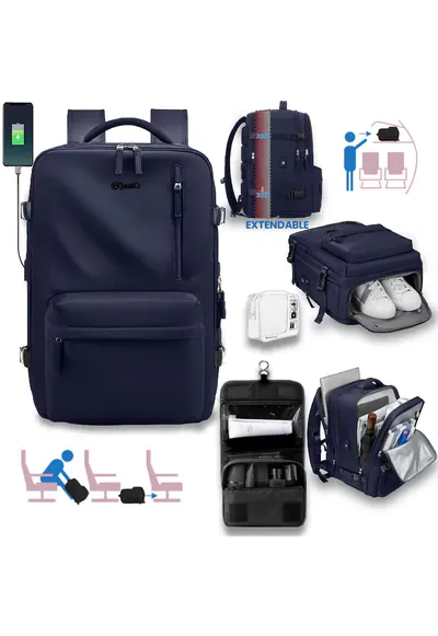 Rucsac voiaj + trusa cosmetice cu carlig + trusa calatorie - bagaj mana extensibil - Bleumarin
